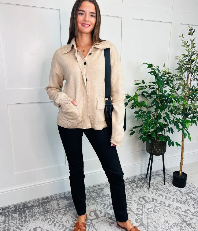 Deal Mania Camel Ribbed Collar Cardigan