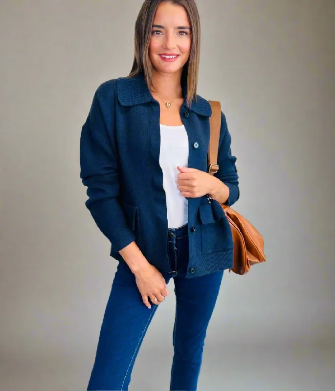 Deal Alert Navy Ribbed Collar Cardigan