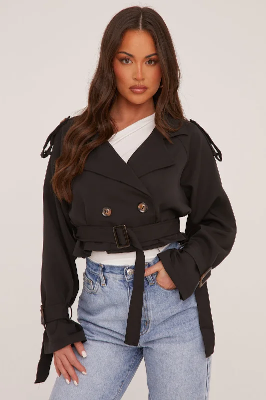 Blowout Sale Black Cropped Belted Trench Coat - Naomi