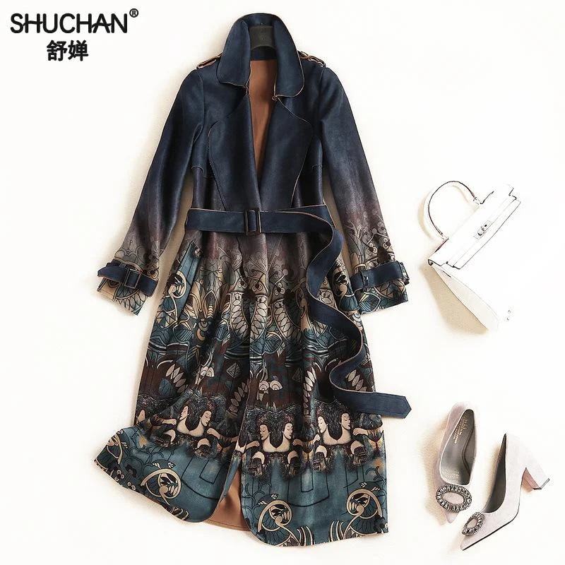 Crazy Deals Shuchan Print Female Raincoat Trench Coat For Women suede Year-old Female Turn-down Collar Belt Outerwear For Women Clothes 5912