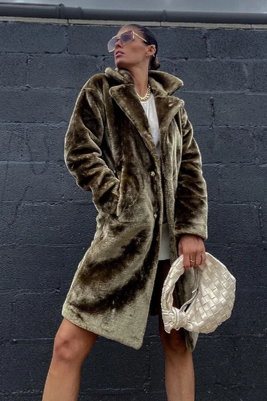 Midnight Madness Olive Mid Length Faux Fur Coat - North