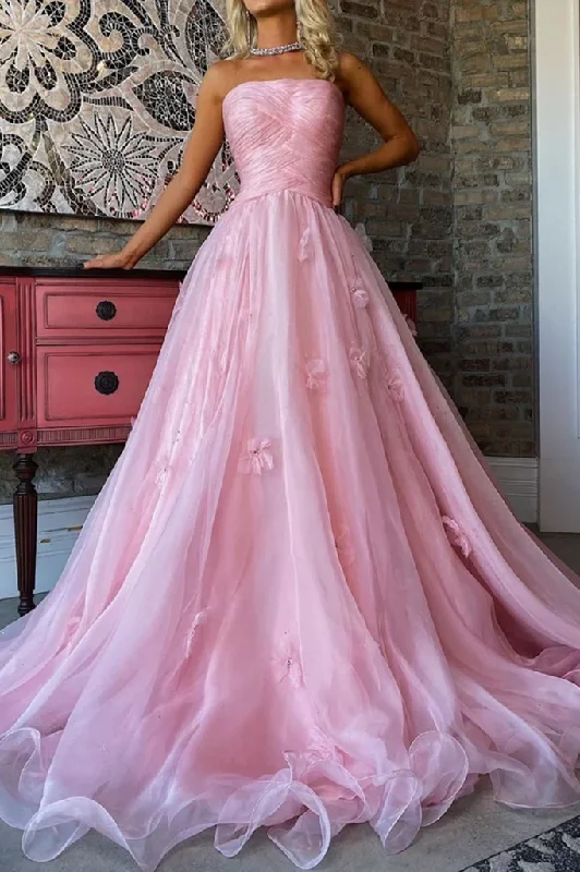 Mega Sale Strapless Pink A-Line Tulle 3D Floral Pleated  Long Formal Prom Dress