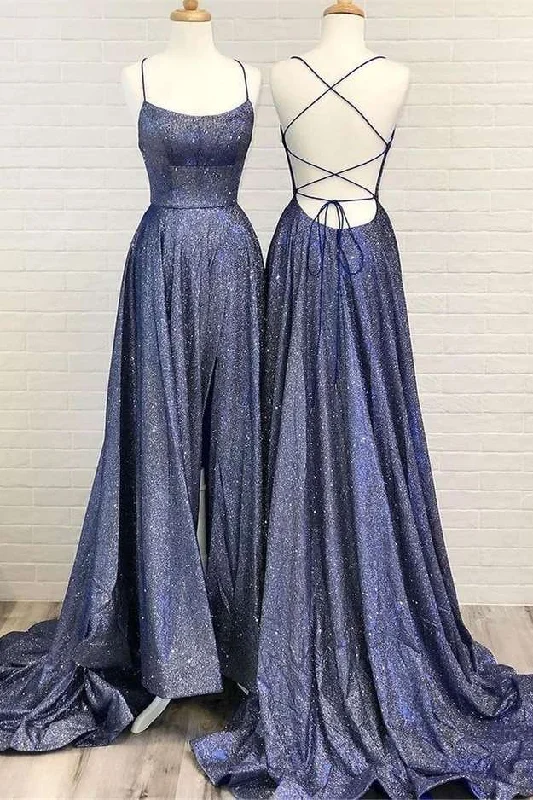 Bargain Blast Navy Blue Sequin Backless A-Line Prom Dress