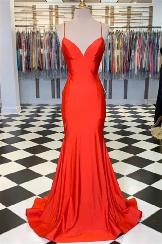 Crazy Deals Spaghetti Straps V-Neck Lace-Up Trumpet Long Formal Prom Dress