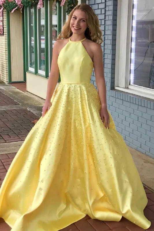 Fantastic Offers A-Line High Neck Empire-Waist Satin Beading Long Prom Dress