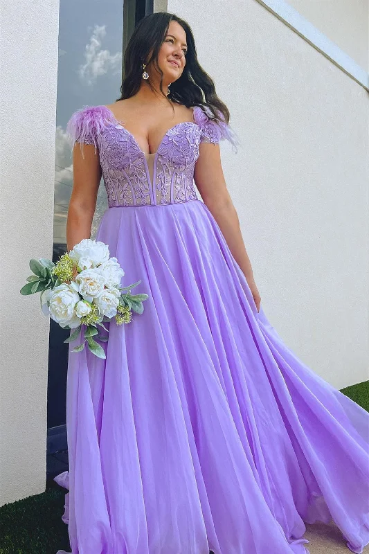 Today’s Deal Lavender Plunging Off-the-Shoulder Feathers Appliques Long Prom Dress