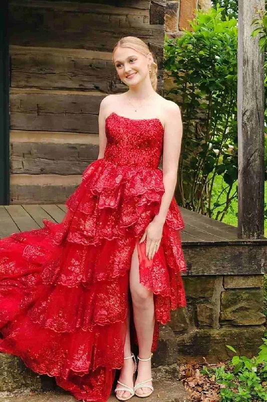 Markdowns Red Strapless A-Line Sequins Appliques Ruffles Prom Dress Long with Slit