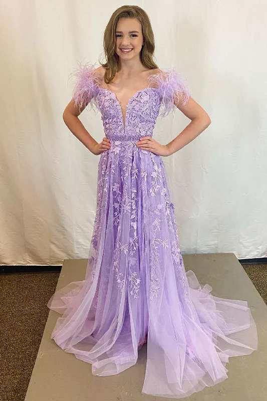 Massive Deals Lavender Appliques Off-the-Shoulder A-Line Prom Dress