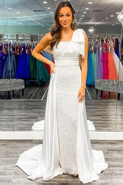 Savings Bonanza White Sequin One-Shoulder Bow Prom Gown  with Attached Train