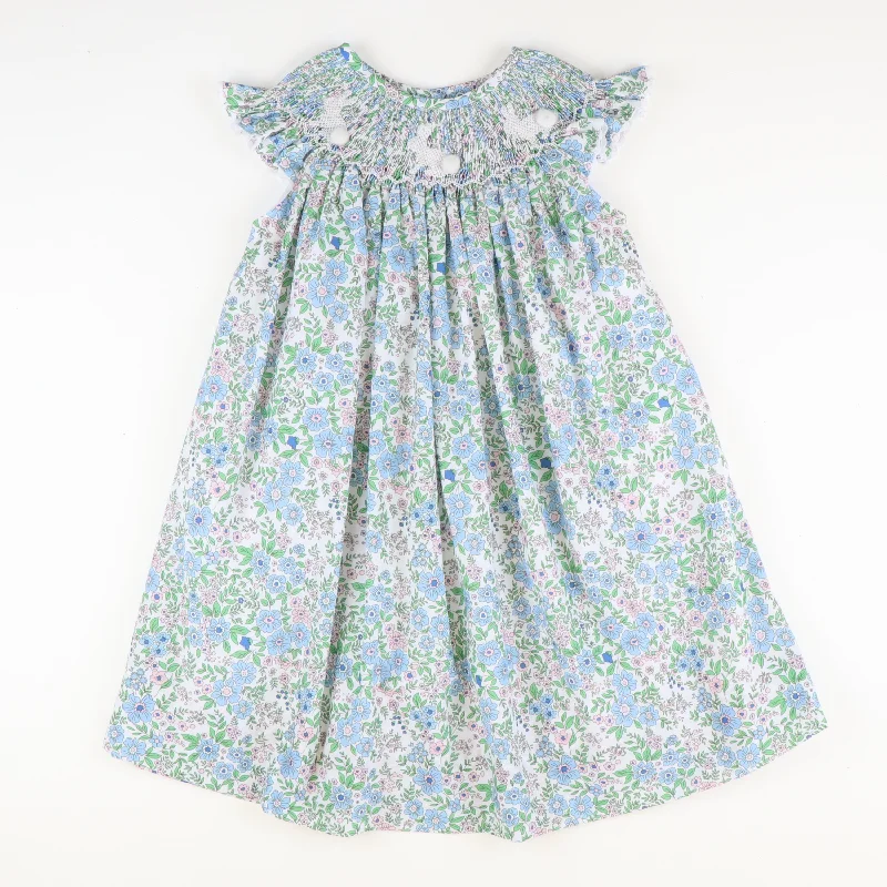 Great Bargains Smocked Silhouette White Bunnies Bishop - Pink & Blue Floral