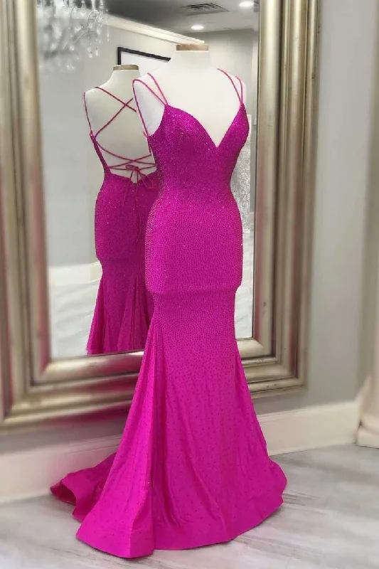 Discount Mania Elegant Hot Pink Beaded Mermaid Long Prom Dress