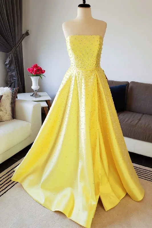 Low Prices Yellow Satin Beaded Strapless A-line Prom Dress