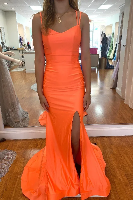 Discount Deals Orange Mermaid High Side Slit Lace-Up Back Long Formal Dress