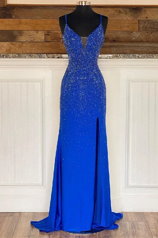 Exclusive Offers Royal Blue Beaded V-Neck Mermaid Long Prom Dress