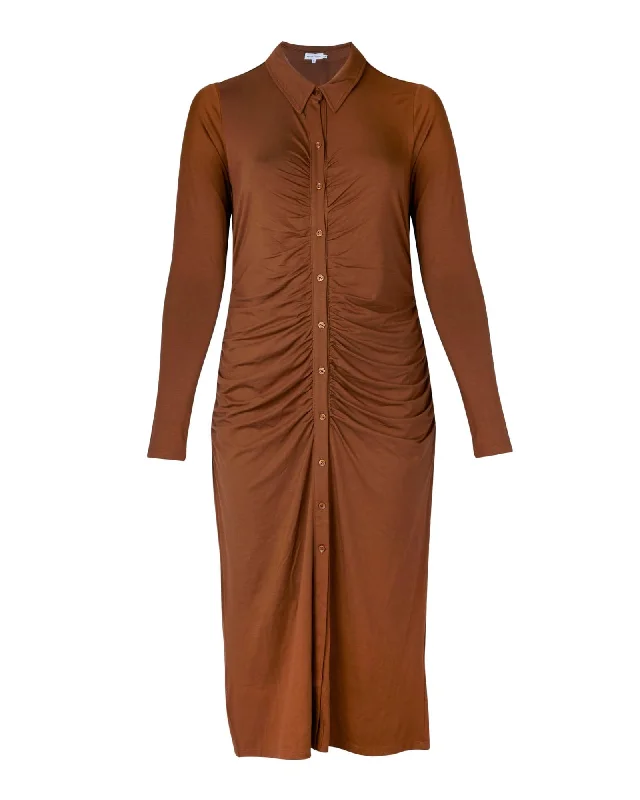 Price Drop Alert Button Front Collared Midi Dress | BROWN