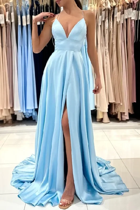 Huge Savings Satin Spaghetti Straps A-Line V-Neck Pleated Long Prom Dress with Slit