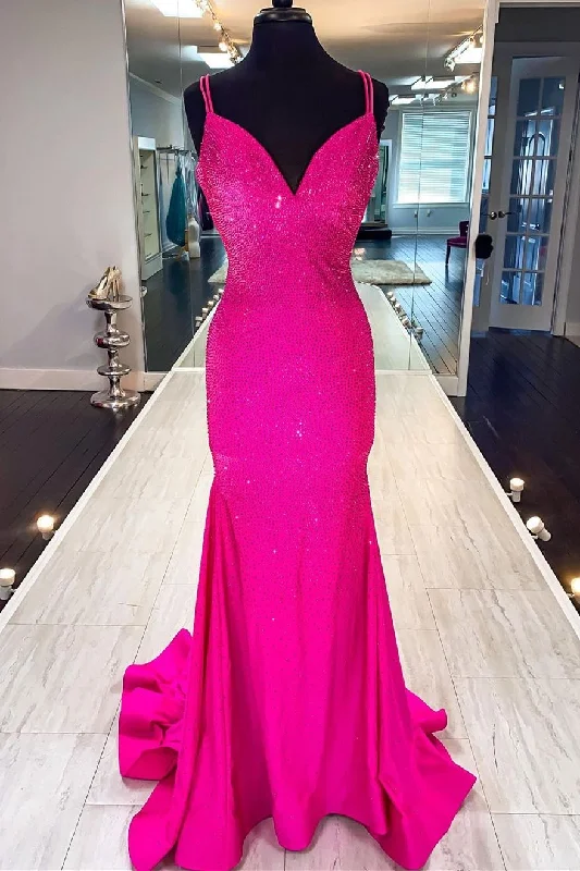 Extra Savings Fuchsia Trumpet Beaded Long Formal Dress