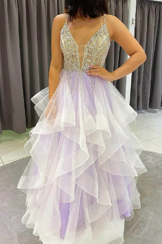 Hurry In Gorgeous Beaded Lavender Layers Long Formal Dress