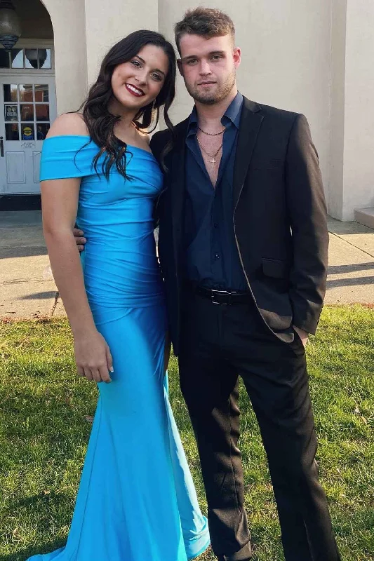 Discount Mania Royal Blue Off-the-Shoulder Side Slit Mermaid Prom Dress