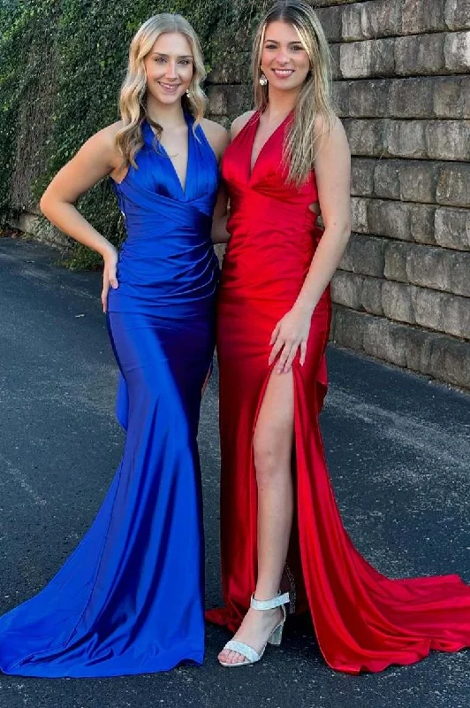 Huge Savings Halter V-Neck Mermaid Sleeveless Pleated Satin Prom Dress with Slit