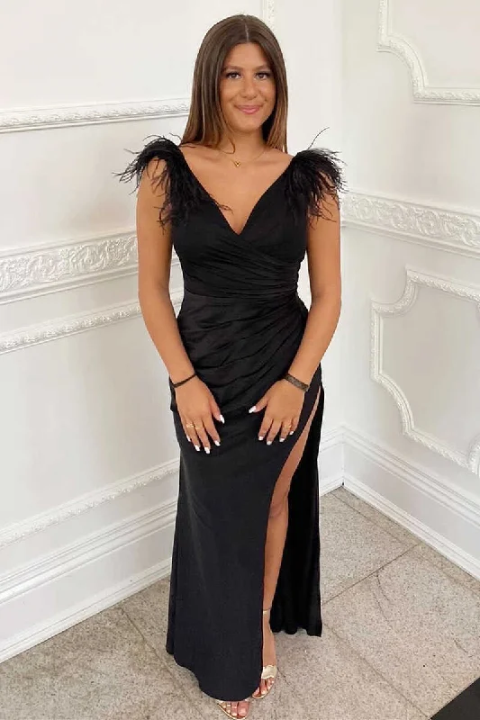 Deal Mania Black Feather V-Neck Long Prom Dress with Slit