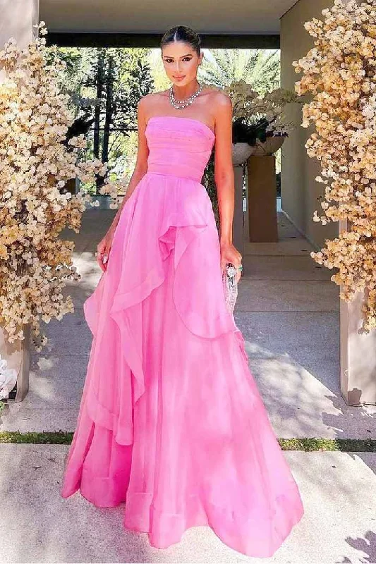 Daily Deals Pink Strapless A-Line Empire-Waist Sleeveless Long Formal Prom Dress
