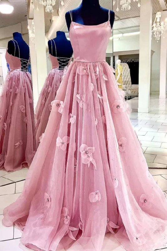 Limited Time Pink Spaghetti Straps A-Line 3D Floral Tulle Long Formal Prom Dress