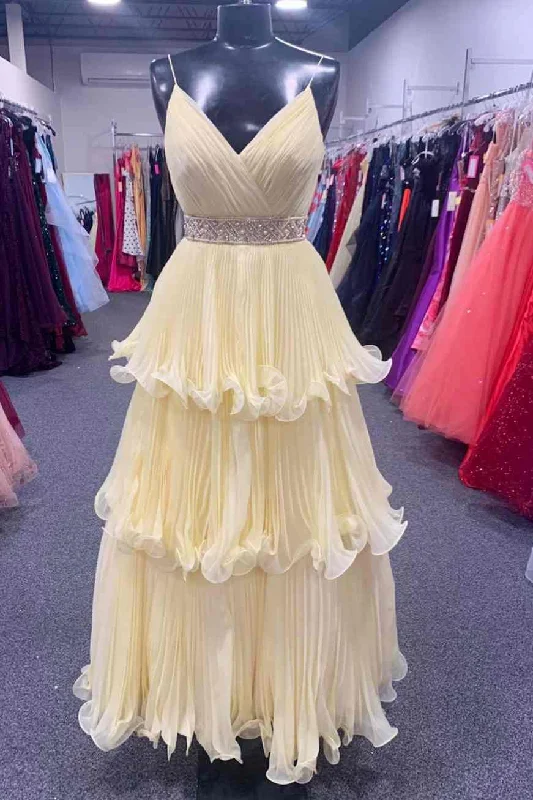 Savings Event Yellow V-Neck Straps A-Line Tiered Prom Dress