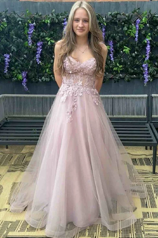 Epic Deals A-Line Strapless V-Neck 3D Floral Sleeveless Tulle Pink Long Prom Dress