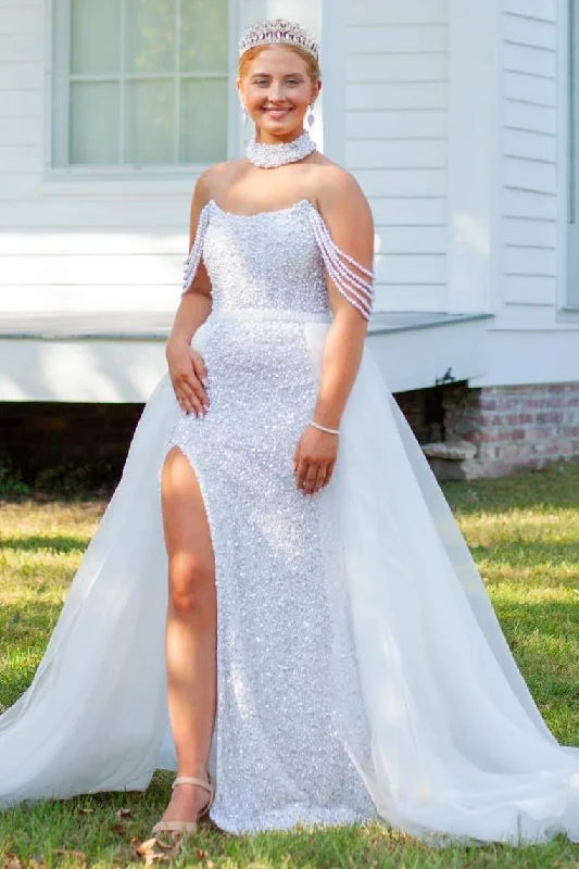 Can't Miss Princess Strapless Scoop Beaded Long Prom Dress with Slit