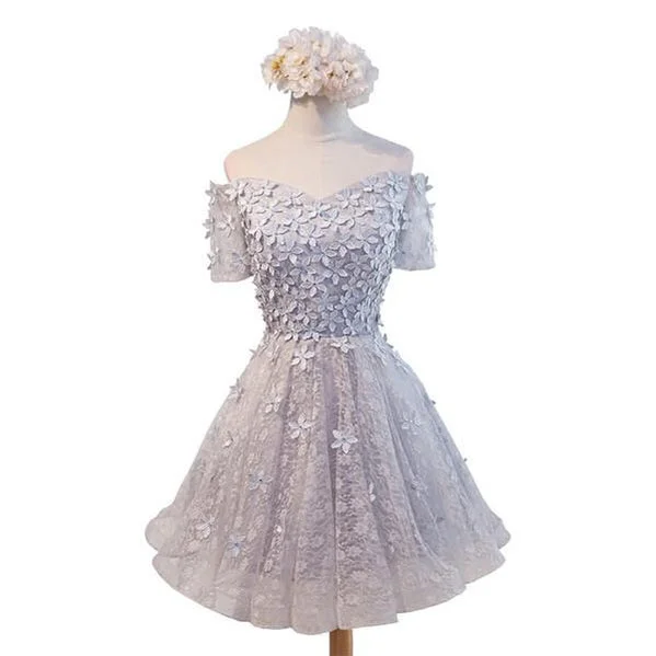 Price Drop Short Sleeve Off Shoulder Gray Lace Homecoming Prom Dresses, Affordable Short Party Prom Dresses, Perfect Homecoming Dresses, CM279 Price Drop Short Sleeve Off Shoulder Gray Lace Homecoming Prom Dresses, Affordable Short Party Prom Dresses, Perfect Homecoming Dresses, CM279