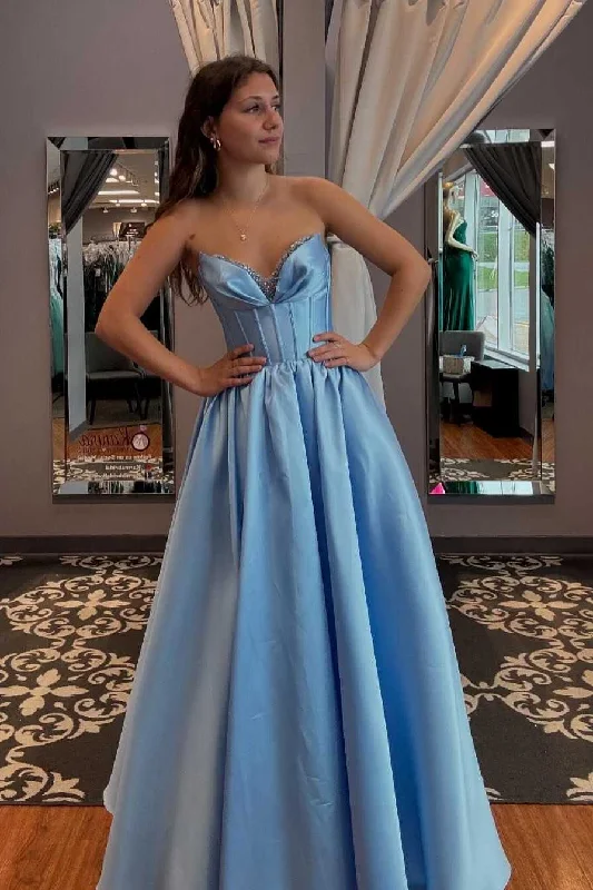Exclusive Savings Strapless A-Line V-Neck Sleeveless Empire-Waist Pleated Satin Long Prom Formal Dress Exclusive Savings Strapless A-Line V-Neck Sleeveless Empire-Waist Pleated Satin Long Prom Formal Dress