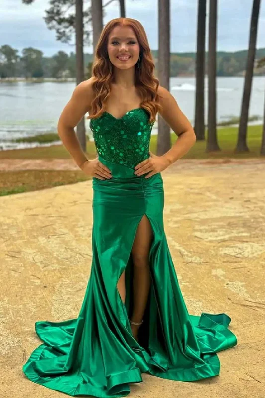 Deal Dash Green Strapless Mirror-Cut Sequins Mermaid Long Prom Dress with Slit