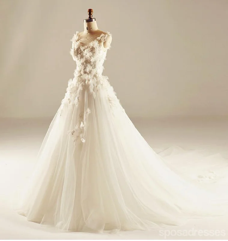 Sneak Peek Sale Round Neckline See Through Handmade Flower A line Wedding Dresses, Custom Made Wedding Dresses, Cheap Wedding Gowns, WD217