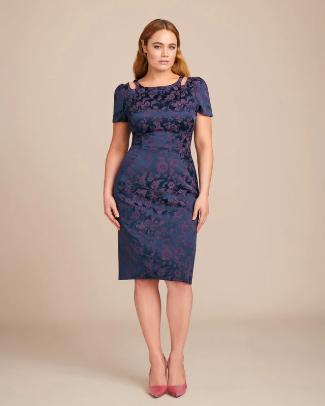 Quick Sale Stretch Jacquard Sheath Dress | Navy
