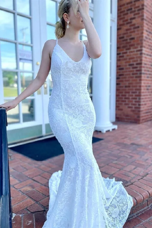 New Deals Mermaid White Lace Long Formal Dress