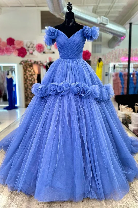 Exclusive Access Periwinkle Tulle Off-the-Shoulder Ball Gown with Flowers