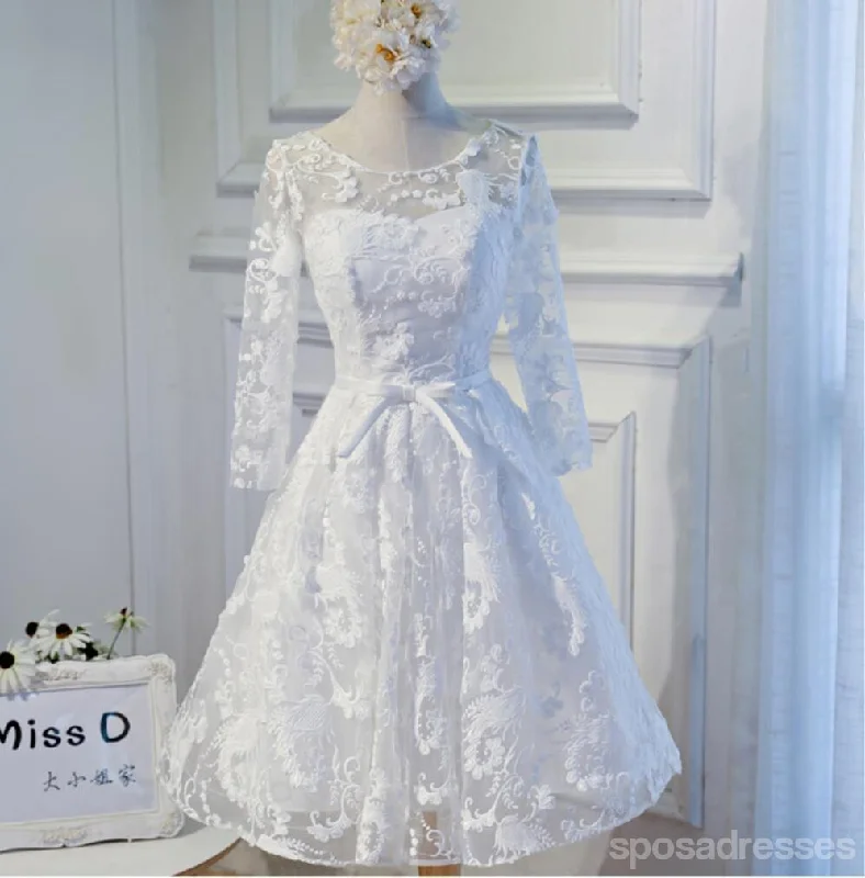 Exclusive Deal Long Sleeve White Open back Lace Cute Homecoming Prom Dresses, Affordable Short Party Prom Dresses, Perfect Homecoming Dresses, CM315