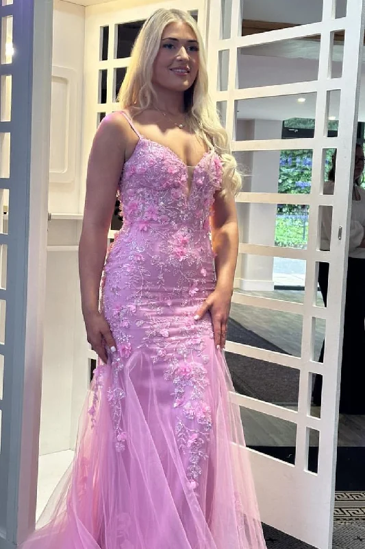 Price Cut Cute Pink Spaghetti Straps Lace Appliques Mermaid Long Prom Dress
