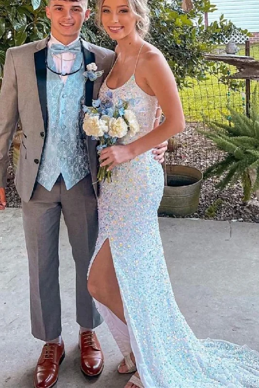 Can't Miss Mermaid Blue Sequins Long Formal Dress with Lace Up Back