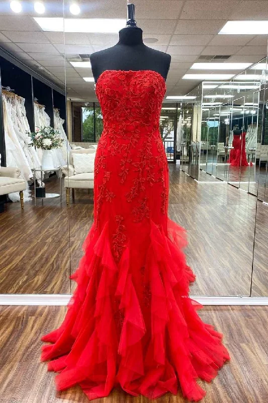 Instant Discount Red Tulle Strapless Appliques Mermaid Long Formal Dress