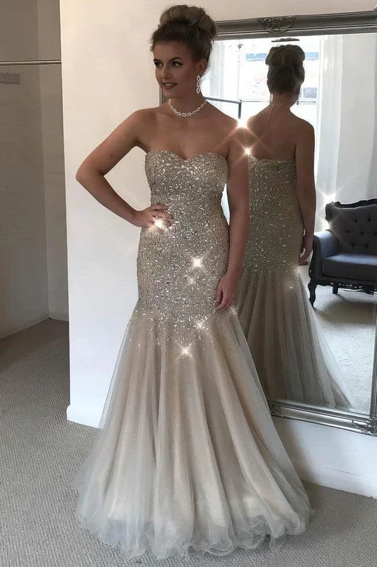 Lowest Price Strapless Sweetheart Beaded Mermaid Tulle Long Formal Prom Dress