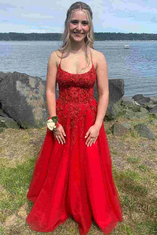 Daily Specials Red A-Line Spaghetti Straps Scoop Appliques Long Prom Formal Dress