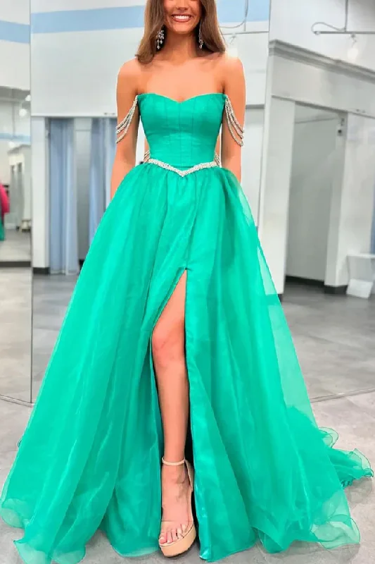 Don't Wait Green Strapless A-Line Beads Pleated Long Formal Prom Dress with Slit