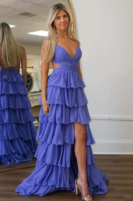 Unbeatable Prices Elegant Purple A-Line V-Neck Tiered Long Formal Prom Dress with Slit