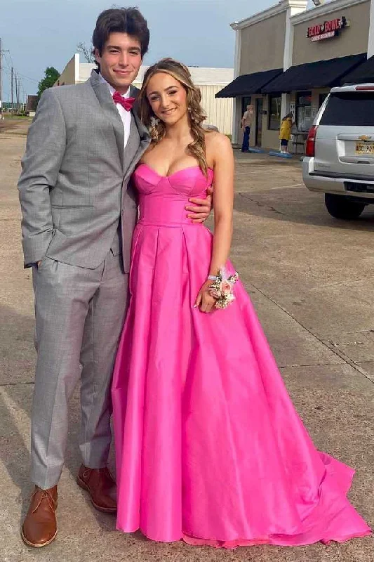 Unmissable Offer Fuchsia Strapless Satin Sweeping Long Prom Dress