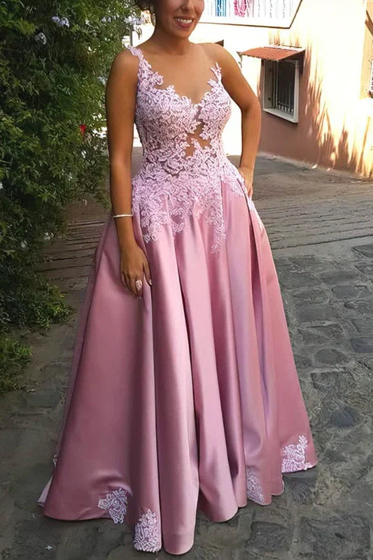 Bargain Prices Pink A-Line Straps Appliques V-Neck Pleated Long Formal Prom Dress
