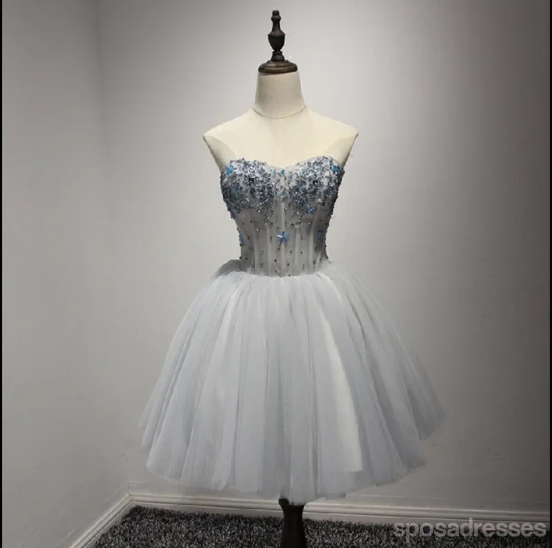 Hurry In Strapless Grey Beaded See Through Homecoming Prom Dresses, Affordable Short Party Corset Back Prom Dresses, Perfect Homecoming Dresses, CM224