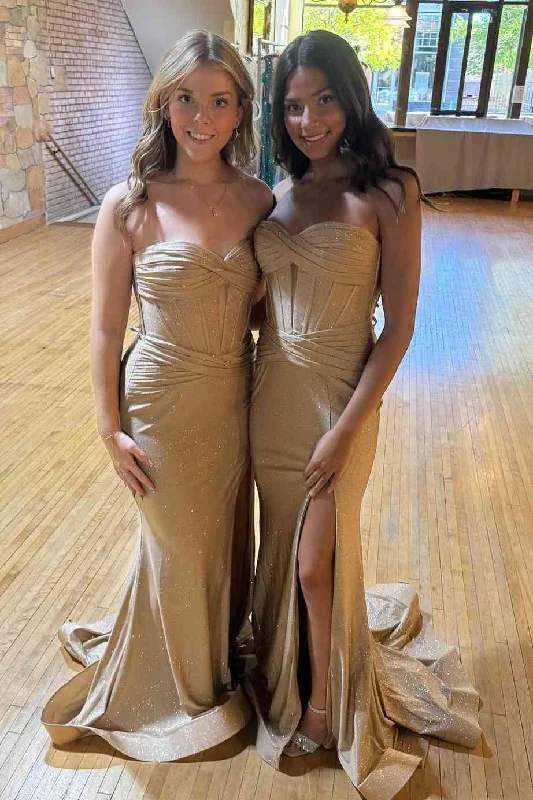 Don't Miss Mermaid Strapless Sleeveless Pleated Glitter Gold Long Prom Dress