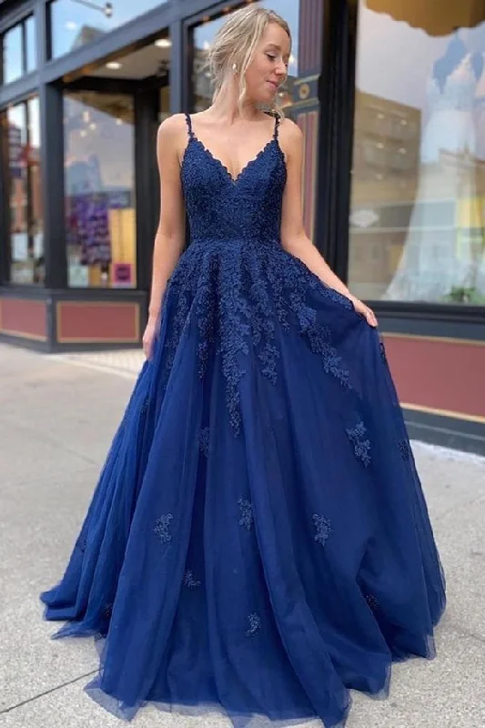 Deal Explosion Dark Blue Lace Appliqués V-Neck Lace-Up A-Line Prom Dress